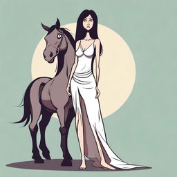 Create a vector image in a toon style of a skinny tall woman with long dark hair and a horse head on her shoulders