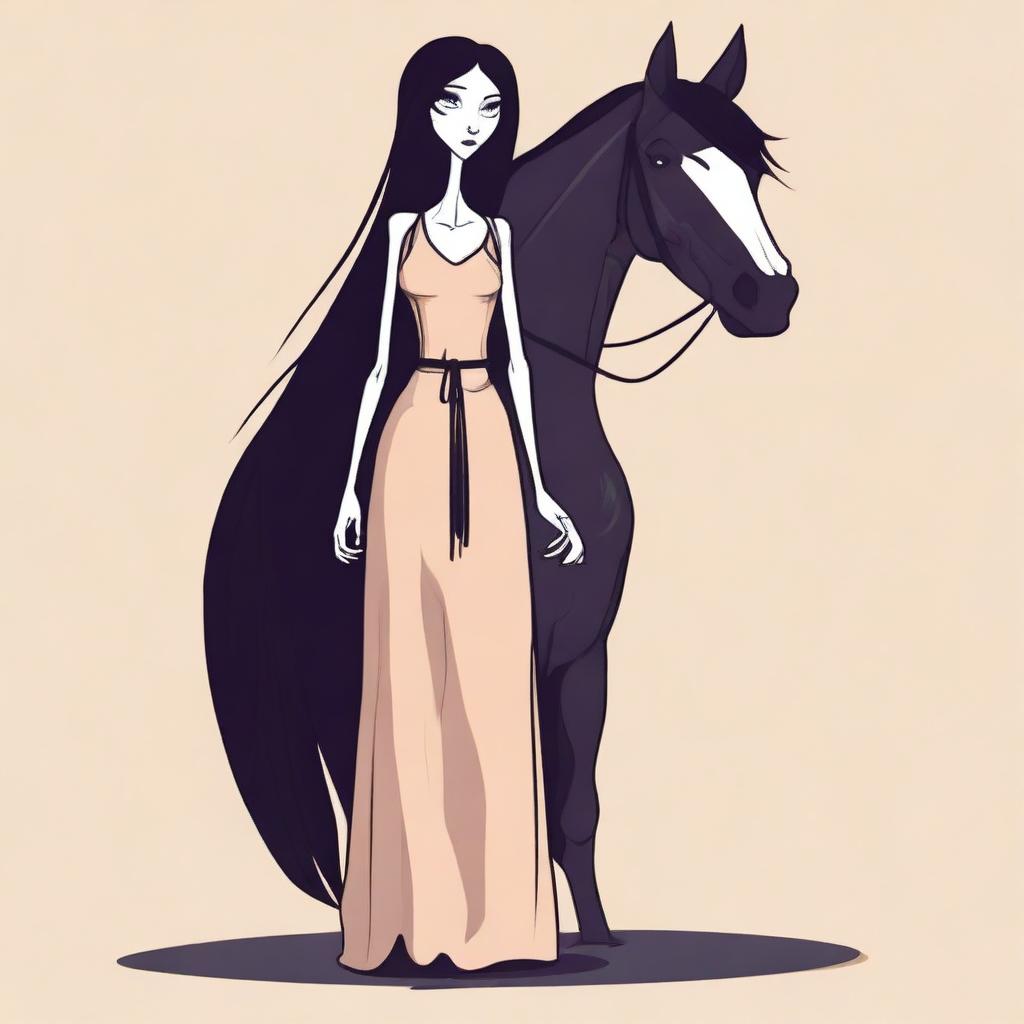 Create a vector image in a toon style of a skinny tall woman with long dark hair and a horse head on her shoulders