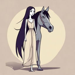 Create a vector image in a toon style of a skinny tall woman with long dark hair and a horse head on her shoulders