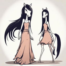 Create a vector image in a toon style of a skinny tall woman with long dark hair and a horse head on her shoulders