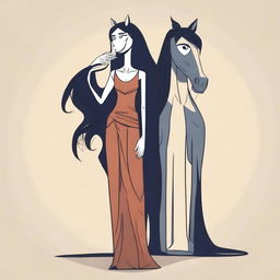 Create a vector image in a toon style of a skinny tall woman with long dark hair and a horse head on her shoulders