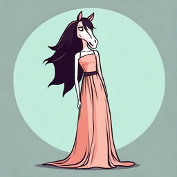 Create a vector image in a toon style of a skinny tall woman with long dark hair and a horse head on her shoulders