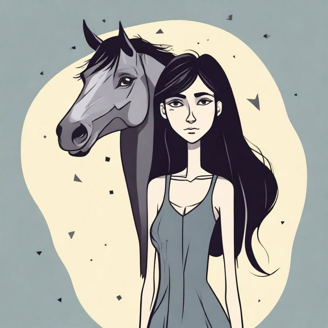 Create a vector image in a toon style of a skinny tall woman with long dark hair and a horse head on her shoulders