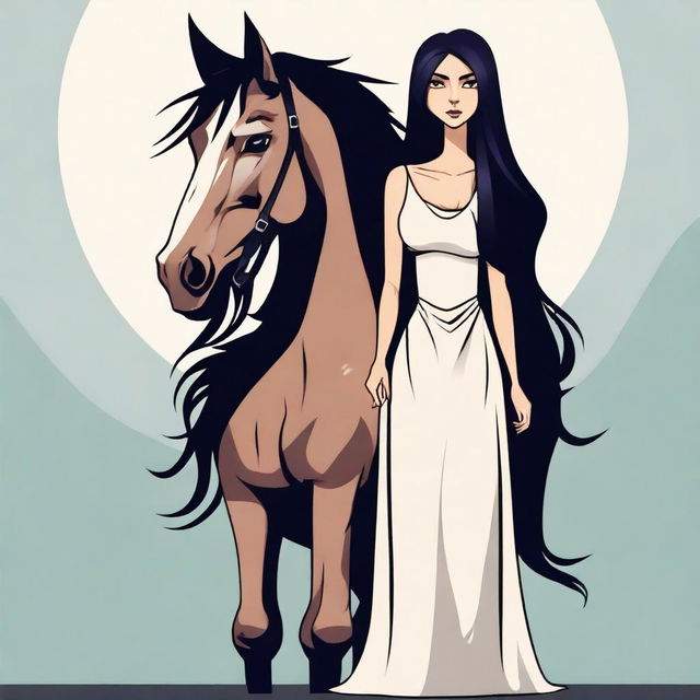 Create a vector image in a toon style of a tall woman with long dark hair and a horse head on her shoulders