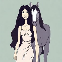 Create a vector image in a toon style of a tall woman with long dark hair and a horse head on her shoulders