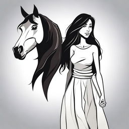 Create a vector image in a toon style of a tall woman with long dark hair and a horse head on her shoulders