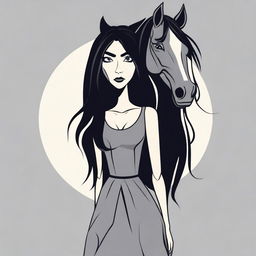 Create a vector image in a toon style of a tall woman with long dark hair and a horse head on her shoulders