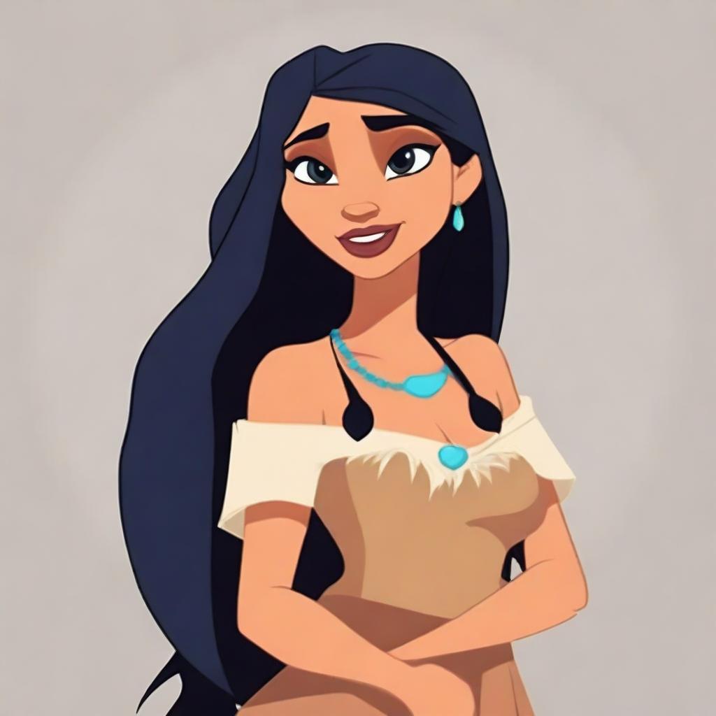 Create a vector image in a toon style featuring Pocahontas with long dark hair and a horse head on her shoulders