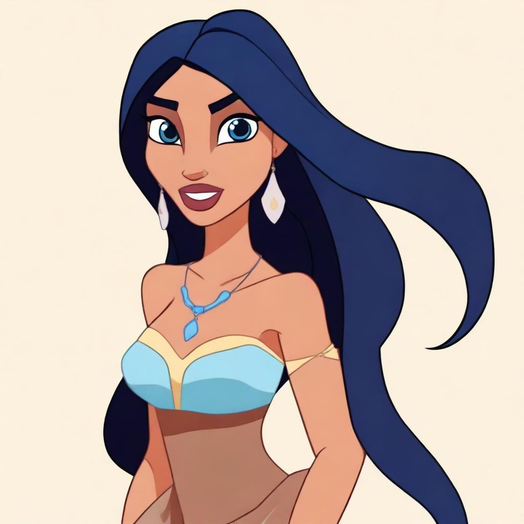 Create a vector image in a toon style featuring Pocahontas with long dark hair and a horse head on her shoulders