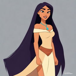 Create a vector image in a toon style featuring Pocahontas with long dark hair and a horse head on her shoulders