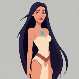 Create a vector image in a toon style featuring Pocahontas with long dark hair and a horse head on her shoulders