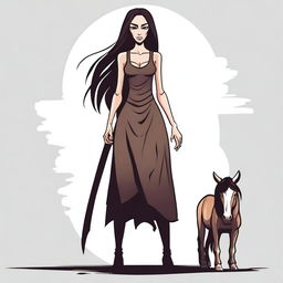 Create a vector image in a toon style of a tall woman with long dark hair and a horse face