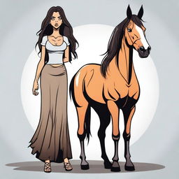 Create a vector image in a toon style of a tall woman with long dark hair and a horse face