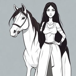 Create a vector image in a toon style of a tall woman with long dark hair and a horse face