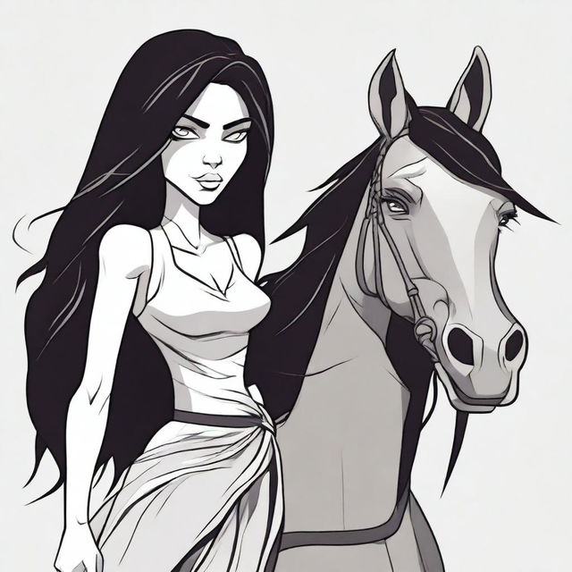 Create a vector image in a toon style of a tall woman with long dark hair and a horse face