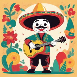 Illustration of a small man dressed in traditional mariachi style, wearing a large sombrero, and playing a guitar