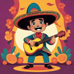 Illustration of a small man dressed in traditional mariachi style, wearing a large sombrero, and playing a guitar