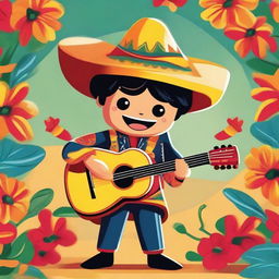 Illustration of a small man dressed in traditional mariachi style, wearing a large sombrero, and playing a guitar