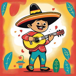 Illustration of a small man dressed in traditional mariachi style, wearing a large sombrero, and playing a guitar