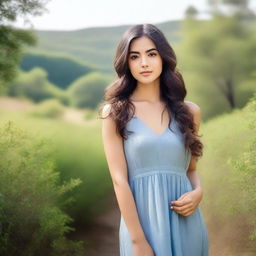 A beautiful young woman with a serene expression, standing in a picturesque landscape