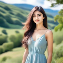 A beautiful young woman with a serene expression, standing in a picturesque landscape