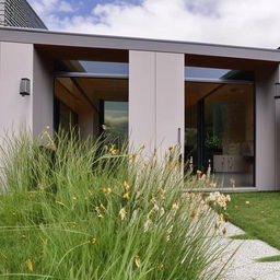 A modern duplex house with large glass windows, a well-maintained front yard adorned with beautiful flowers and a stone walkway.