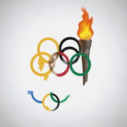 Create an image with the text 'Olympic Disaster'. The 'i' in 'Olympic' should be styled as an Olympic torch, and the first 'o' in 'Olympic' should be depicted as the Olympic rings.