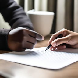 A detailed image showing one hand writing something on a piece of paper while the other hand holds the paper steady