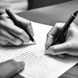 A detailed image showing one hand writing something on a piece of paper while the other hand holds the paper steady