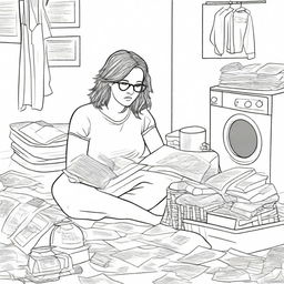 A coloring page image depicting the struggles of adulting