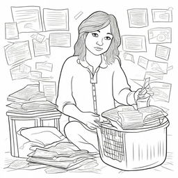 A coloring page image depicting the struggles of adulting