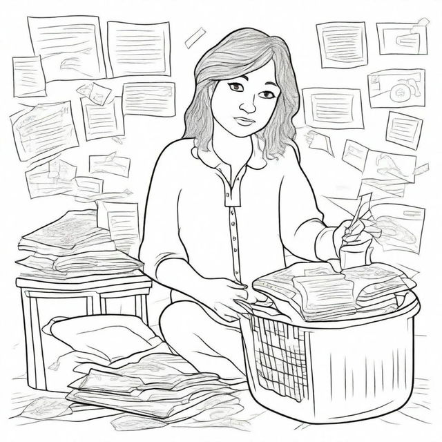 A coloring page image depicting the struggles of adulting