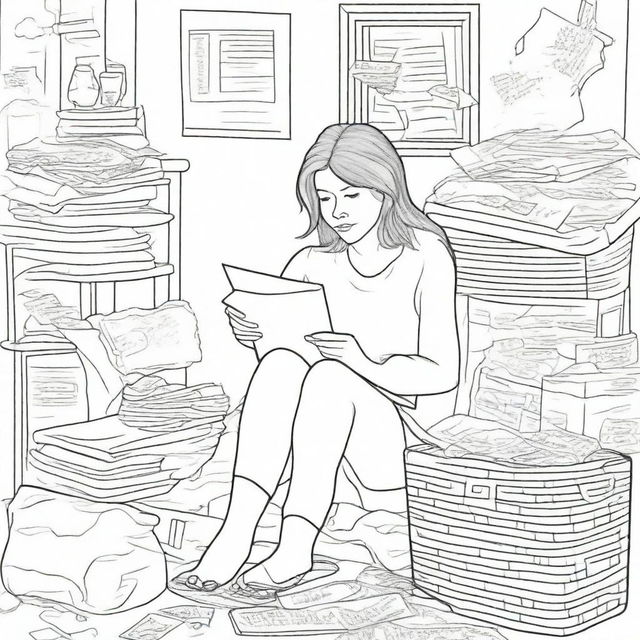 A clear and detailed coloring page image depicting the struggles of adulting