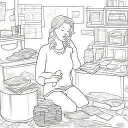 A clear and detailed coloring page image depicting the struggles of adulting