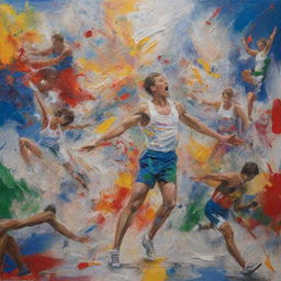 Paint a picture capturing the drama and chaos of a hypothetical Olympic disaster, with images symbolizing various Olympic sports scattered amongst a scene of upheaval.