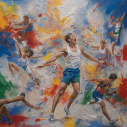 Paint a picture capturing the drama and chaos of a hypothetical Olympic disaster, with images symbolizing various Olympic sports scattered amongst a scene of upheaval.