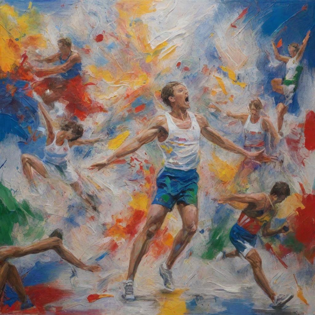 Paint a picture capturing the drama and chaos of a hypothetical Olympic disaster, with images symbolizing various Olympic sports scattered amongst a scene of upheaval.