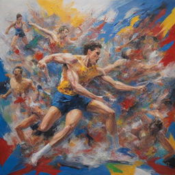 Paint a picture capturing the drama and chaos of a hypothetical Olympic disaster, with images symbolizing various Olympic sports scattered amongst a scene of upheaval.