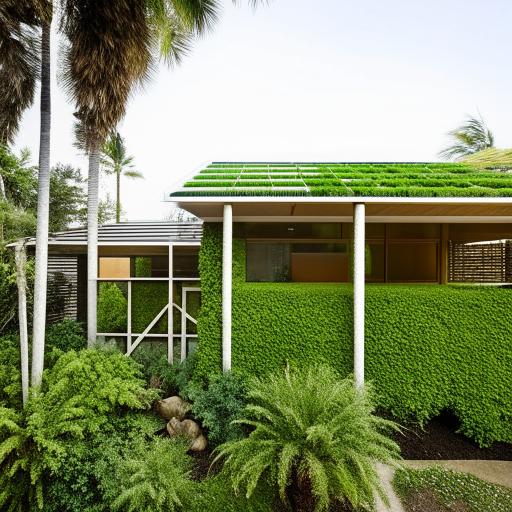 An eco-friendly home with two floors, each floor occupying 350 square feet, equipped with solar panels, green roofs, water-saving fixtures, and sustainable materials against a lush outdoor environment