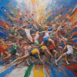 Paint a picture capturing the drama and chaos of a hypothetical Olympic disaster, with images symbolizing various Olympic sports scattered amongst a scene of upheaval.