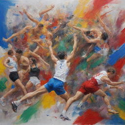 Paint a picture capturing the drama and chaos of a hypothetical Olympic disaster, with images symbolizing various Olympic sports scattered amongst a scene of upheaval.