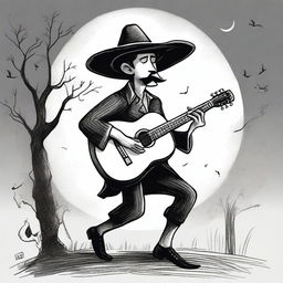 An illustration of a short man wearing a large hat, playing a guitar, called 'El Sombreron'