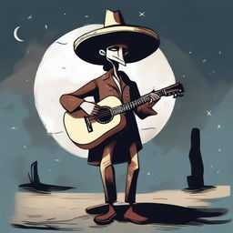 An illustration of a short man wearing a large hat, playing a guitar, called 'El Sombreron'