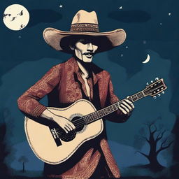 An illustration of a short man wearing a large hat, playing a guitar, called 'El Sombreron'