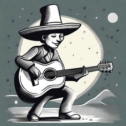 An illustration of a short man wearing a large hat, playing a guitar, called 'El Sombreron'