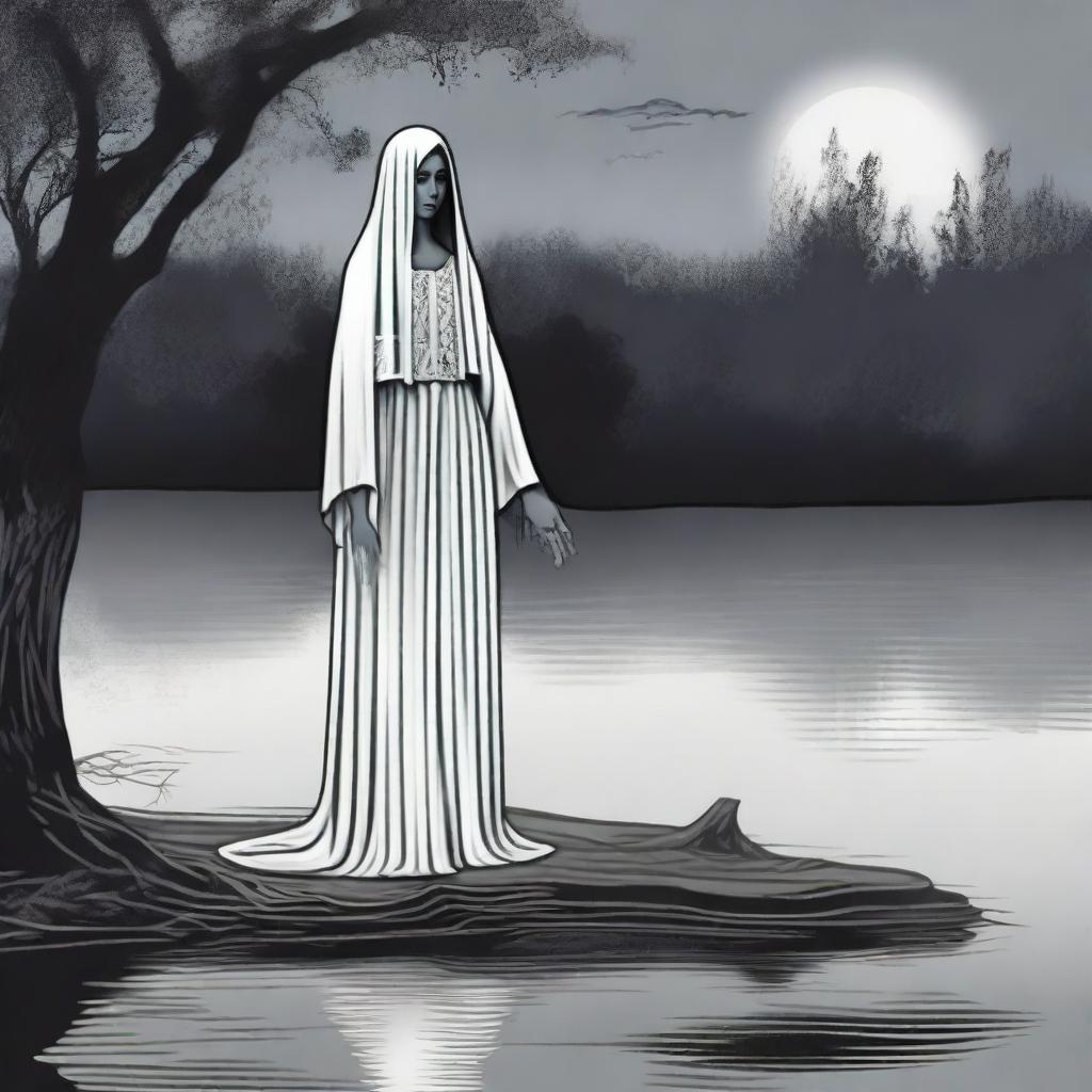 Create an eerie and haunting image of La Llorona, the weeping woman from Latin American folklore