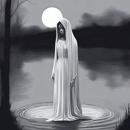 Create an eerie and haunting image of La Llorona, the weeping woman from Latin American folklore