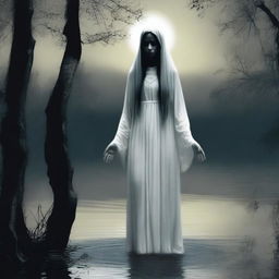 Create an eerie and haunting image of La Llorona, the weeping woman from Latin American folklore