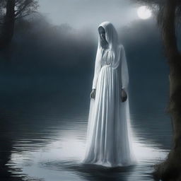 Create an eerie and haunting image of La Llorona, the weeping woman from Latin American folklore