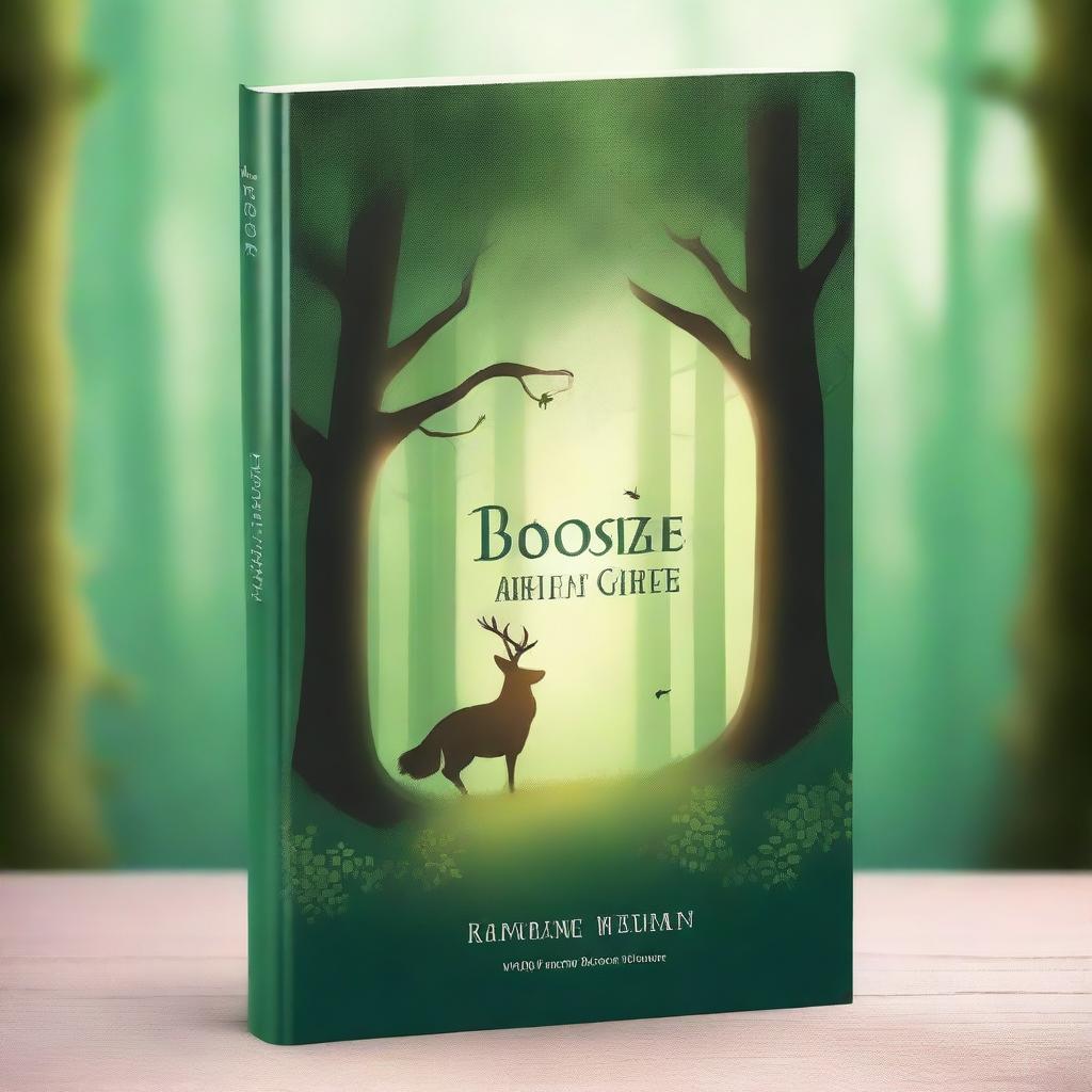 Create a book cover featuring an enchanting forest with mystical creatures